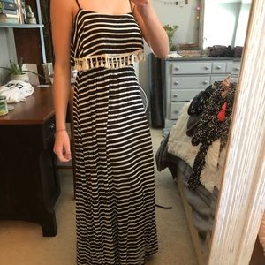 Black and white striped maxi dress with tassels